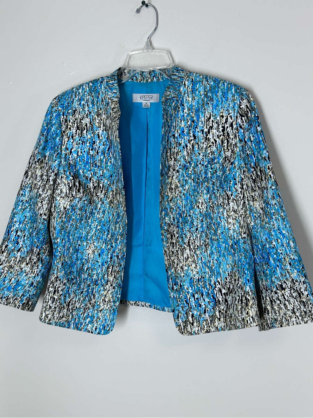 Kasper Light Blue Print Cropped Open Front Blazer Jacket Size 14
